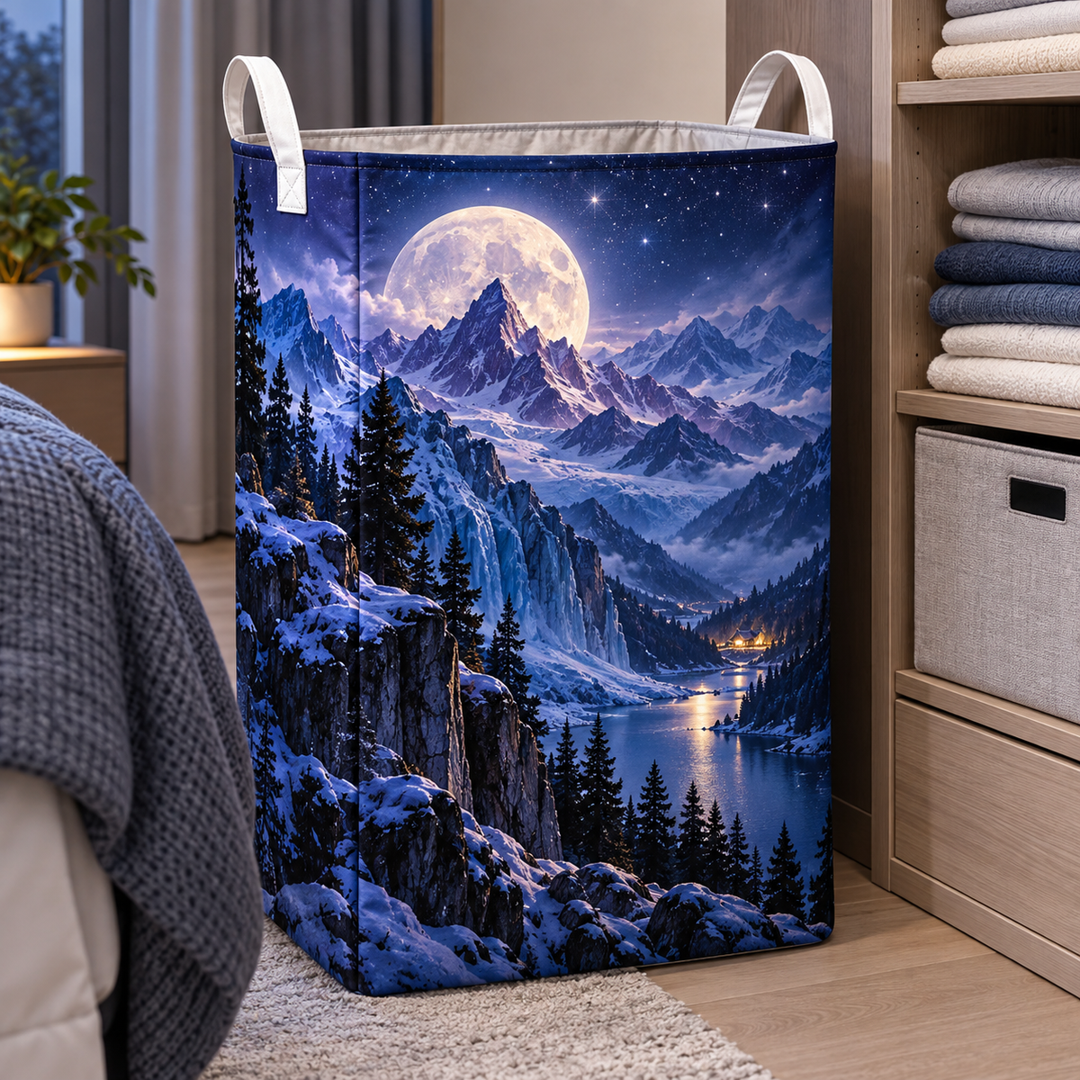 Lunar Summit Reverie Laundry Hamper with printed optical 3D artwork in its use setting