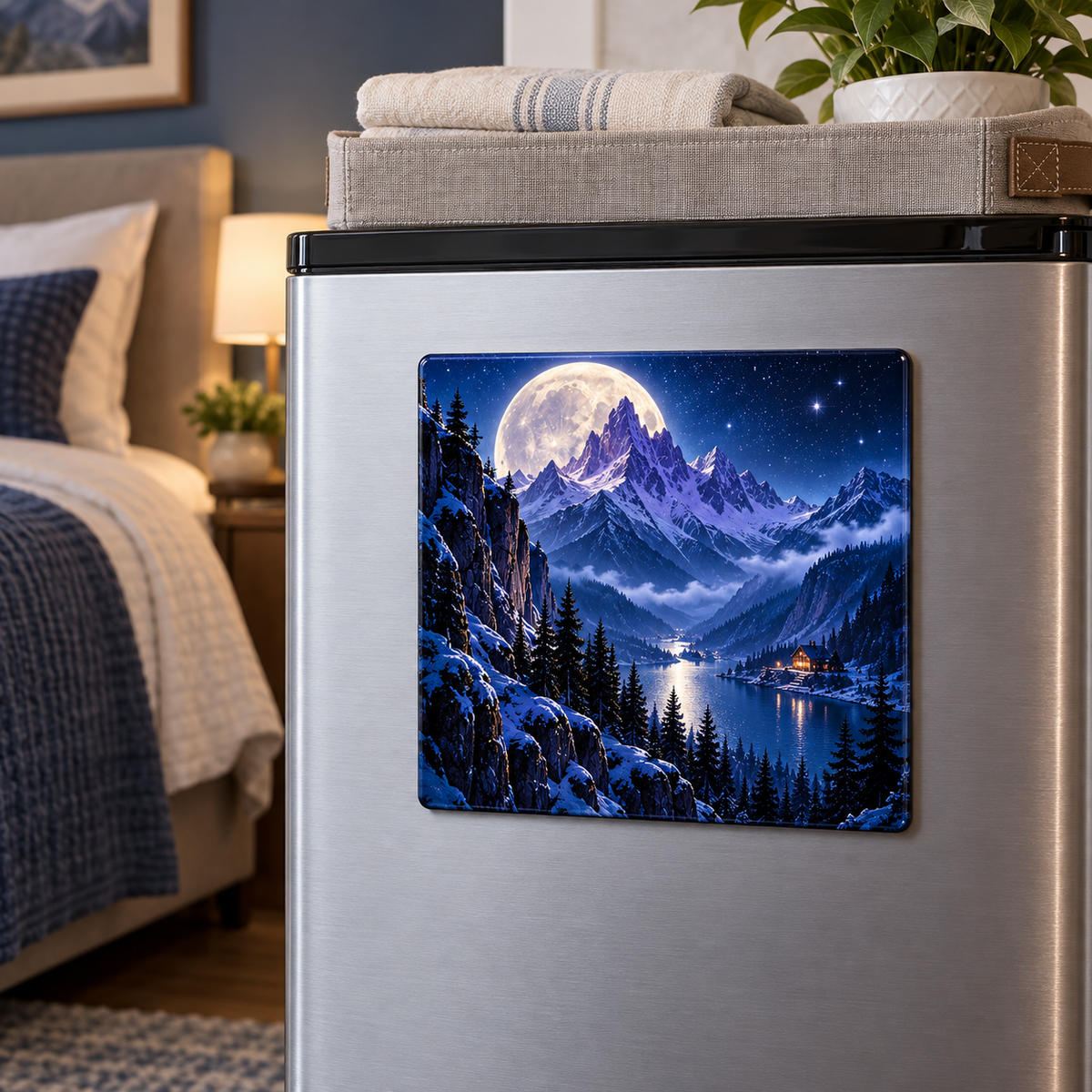 Lunar Summit Reverie Acrylic Refrigerator Magnet with printed optical 3D artwork in its use setting