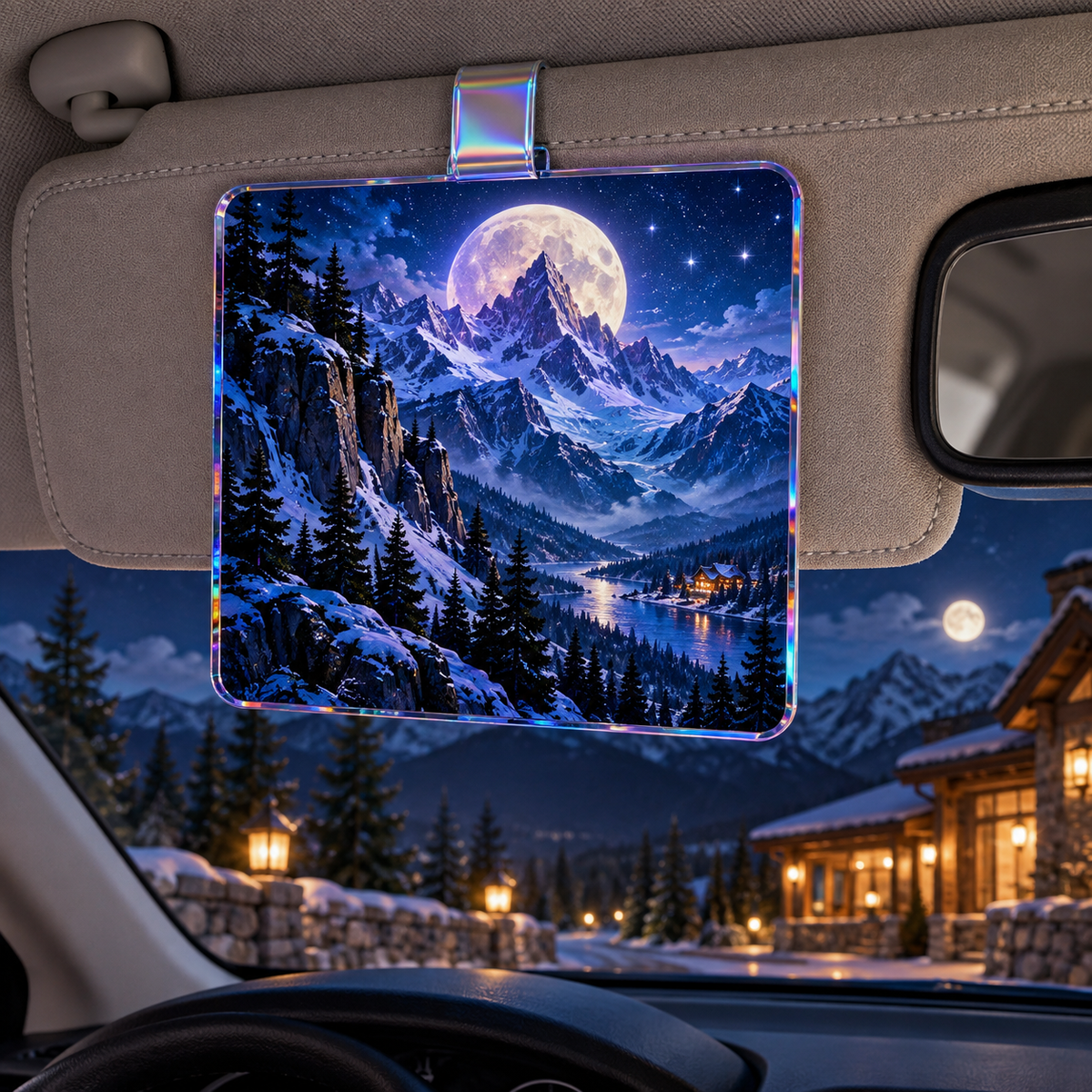 Lunar Summit Reverie Holographic Car Visor Clip with printed optical 3D artwork in its use setting