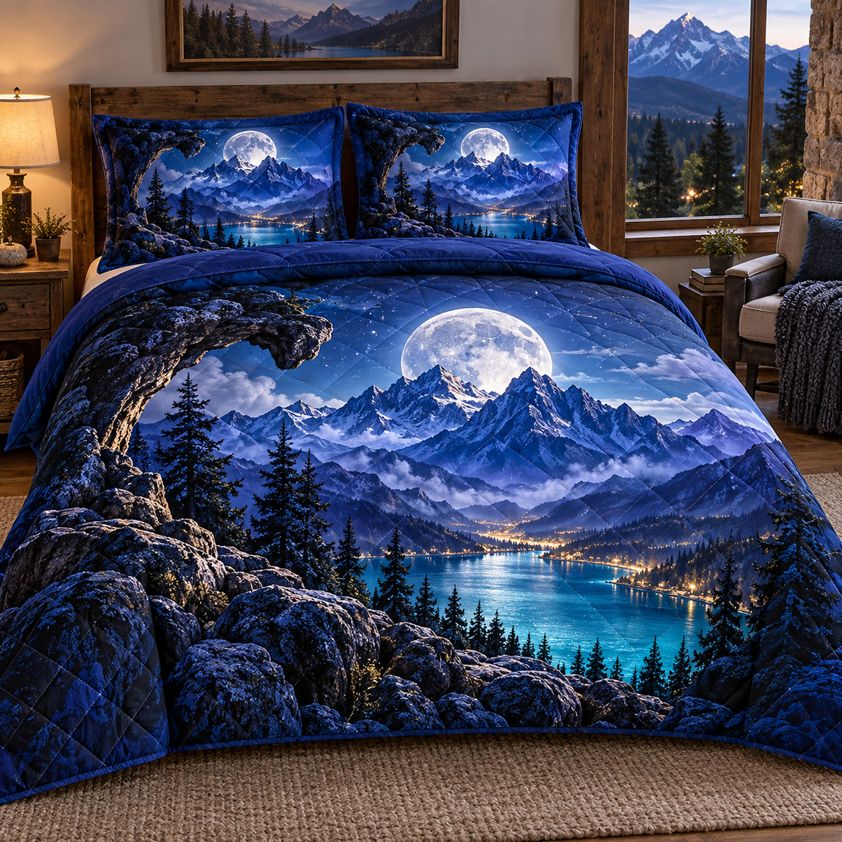 Mooncrest Living Vista Quilted Bedding Set with printed optical 3D artwork in its use setting