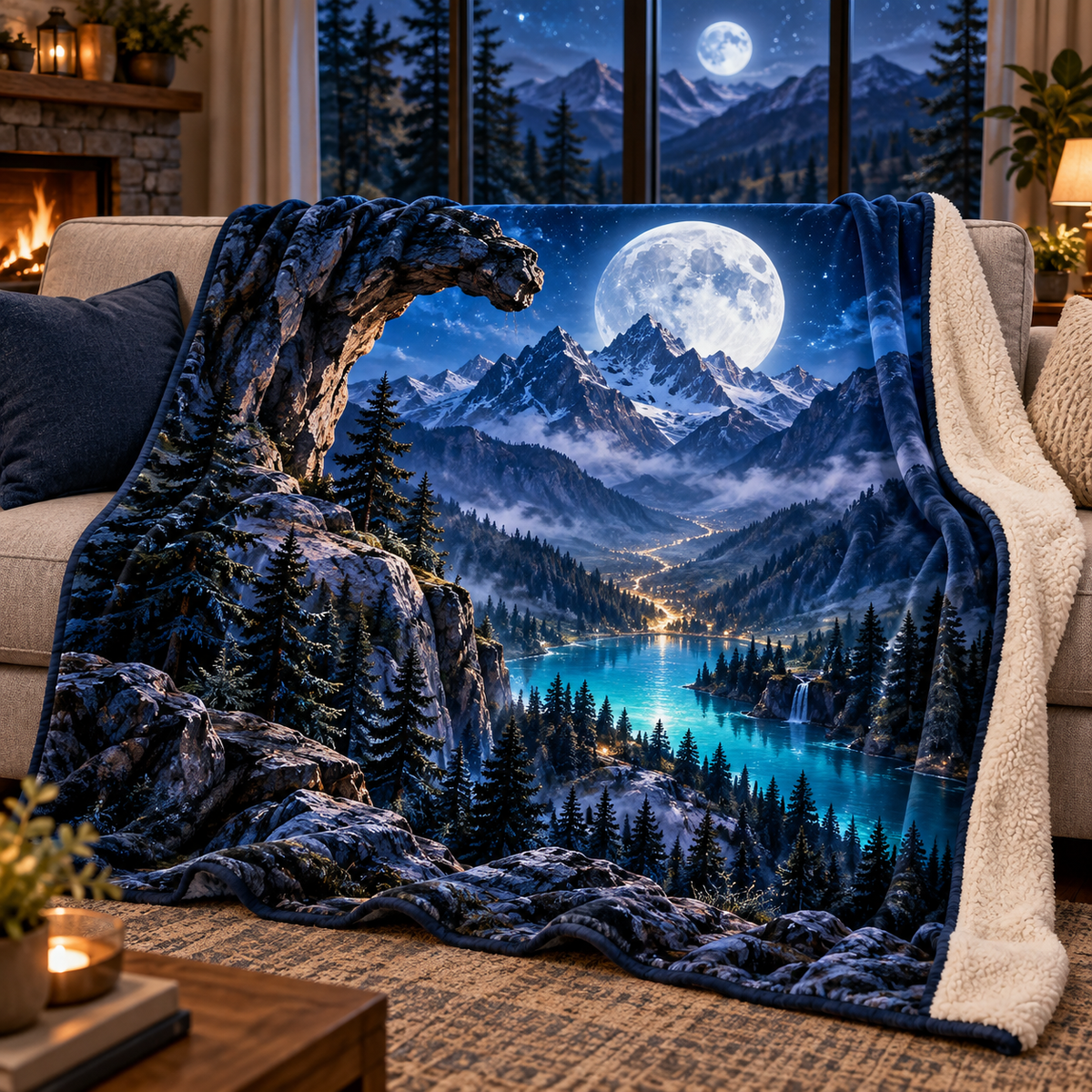 Mooncrest Living Vista Sherpa & Fleece Blanket with printed optical 3D artwork in its use setting
