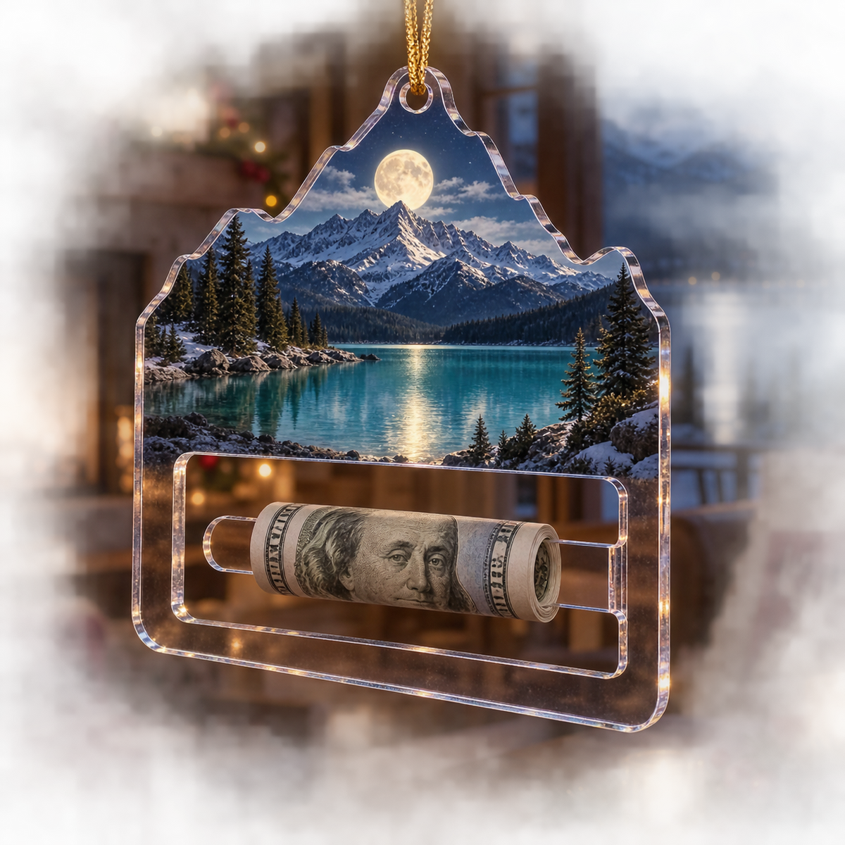 Mooncrest Living Vista Acrylic Cash Holder Ornament with printed optical 3D artwork in its use setting