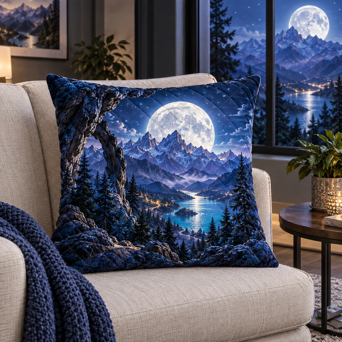 Mooncrest Living Vista Quilted Cushion Cover with printed optical 3D artwork in its use setting