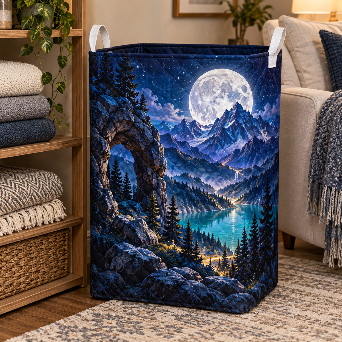 Mooncrest Living Vista Laundry Hamper with printed optical 3D artwork in its use setting