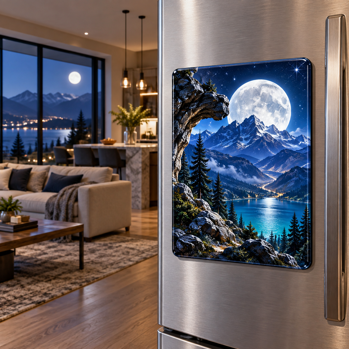 Mooncrest Living Vista Acrylic Refrigerator Magnet with printed optical 3D artwork in its use setting