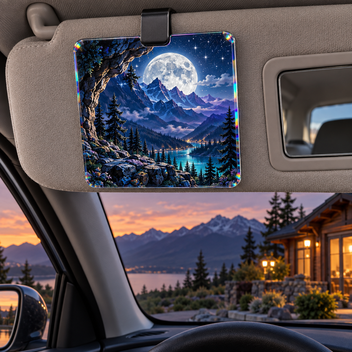 Mooncrest Living Vista Holographic Car Visor Clip with printed optical 3D artwork in its use setting