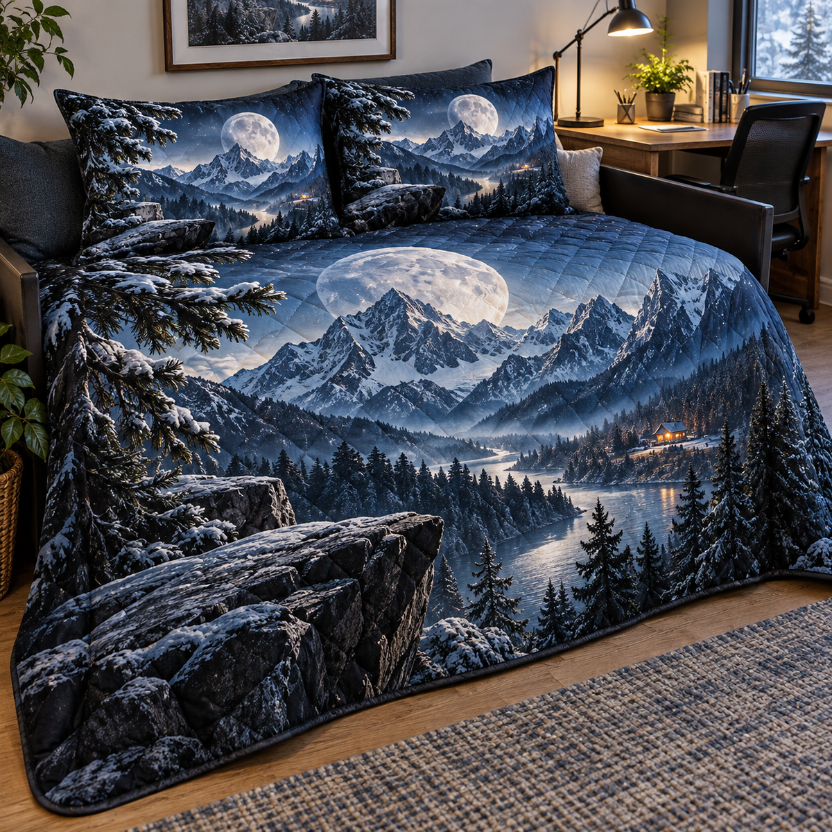 Alpine Moon Workspace Quilted Bedding Set with printed optical 3D artwork in its use setting