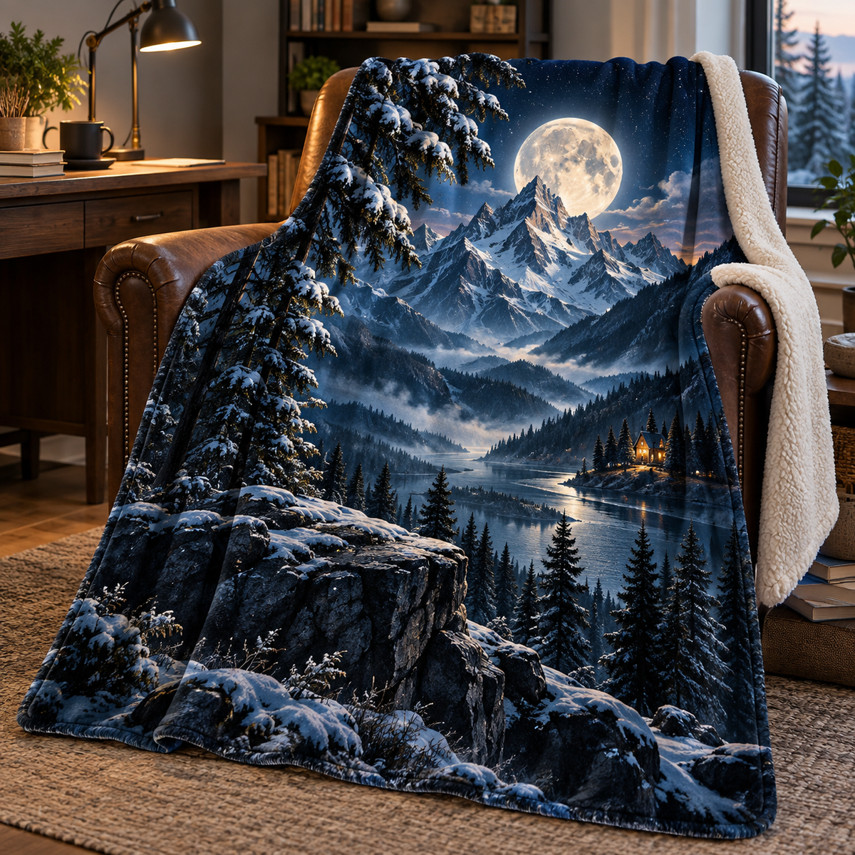 Alpine Moon Workspace Sherpa & Fleece Blanket with printed optical 3D artwork in its use setting