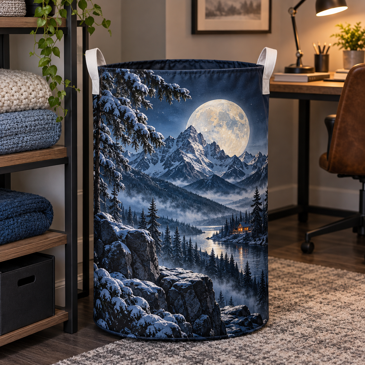 Alpine Moon Workspace Laundry Hamper with printed optical 3D artwork in its use setting