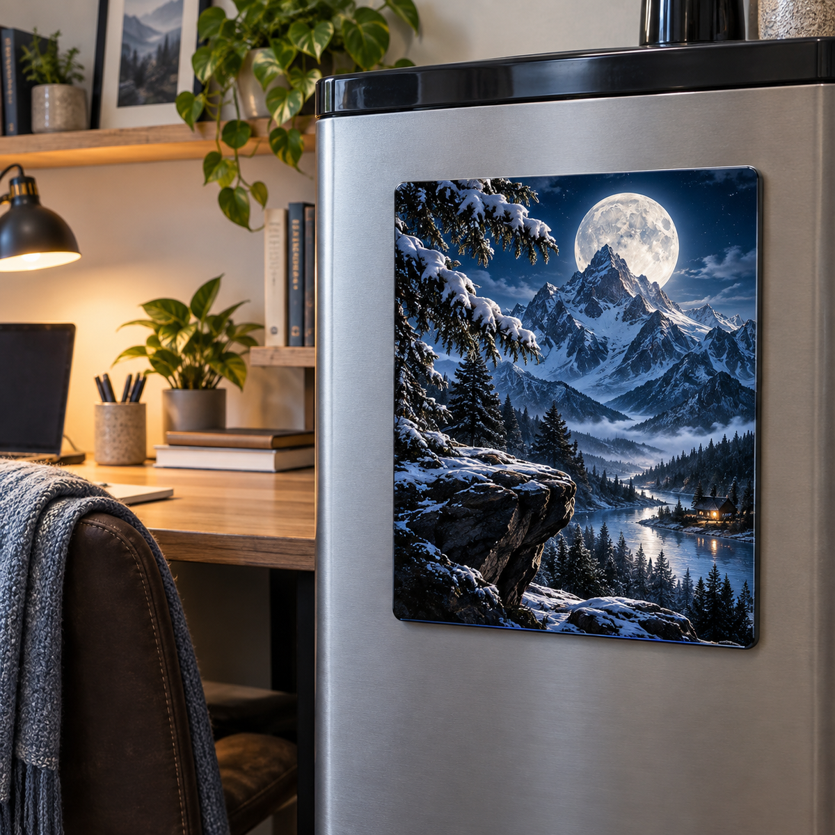 Alpine Moon Workspace Acrylic Refrigerator Magnet with printed optical 3D artwork in its use setting