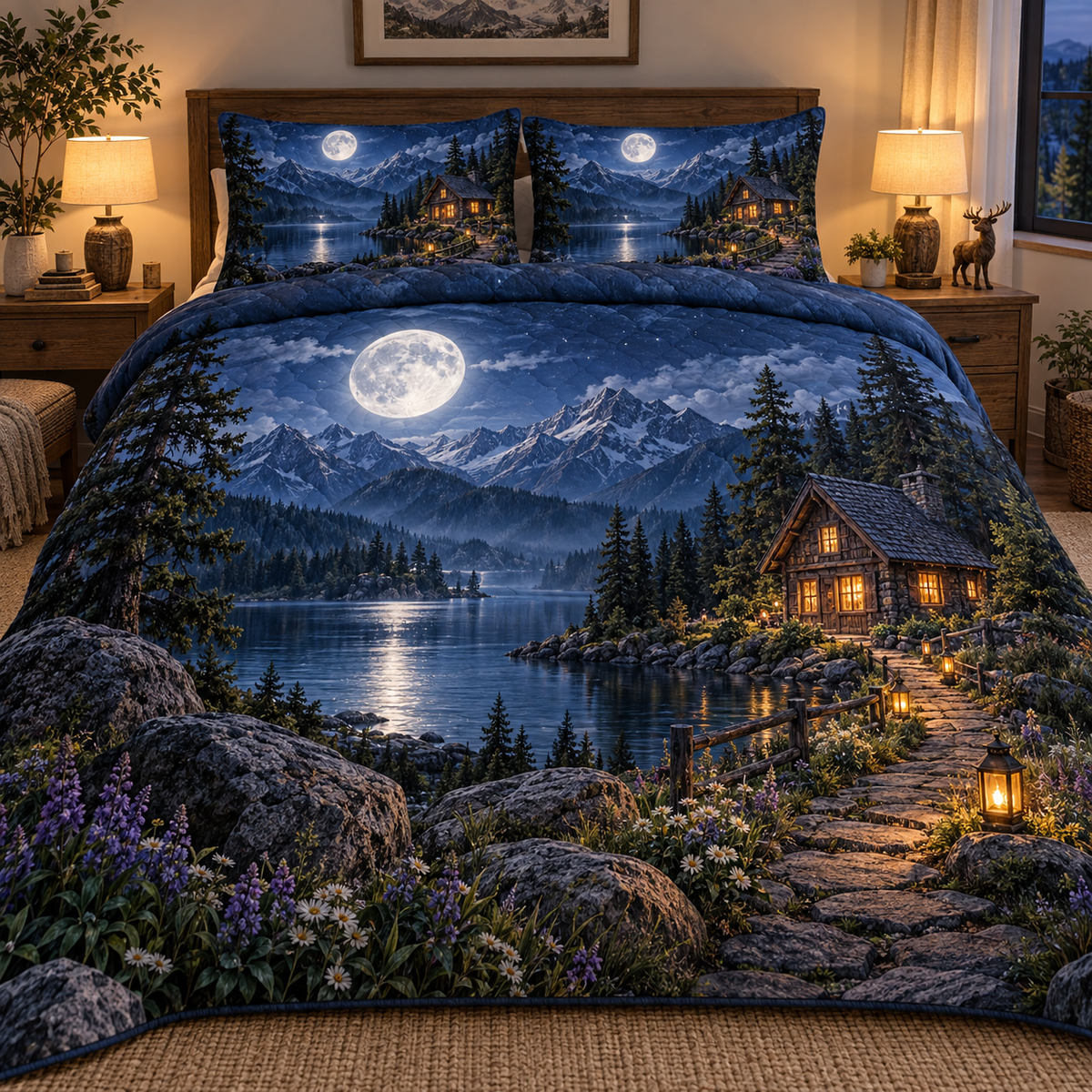Moonlit Welcome Home Quilted Bedding Set with printed optical 3D artwork in its use setting
