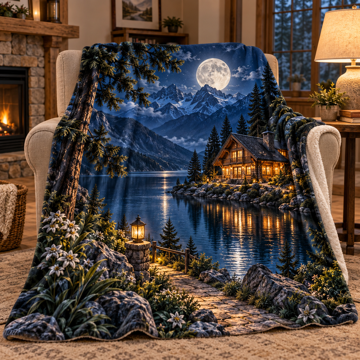 Moonlit Welcome Home Sherpa & Fleece Blanket with printed optical 3D artwork in its use setting