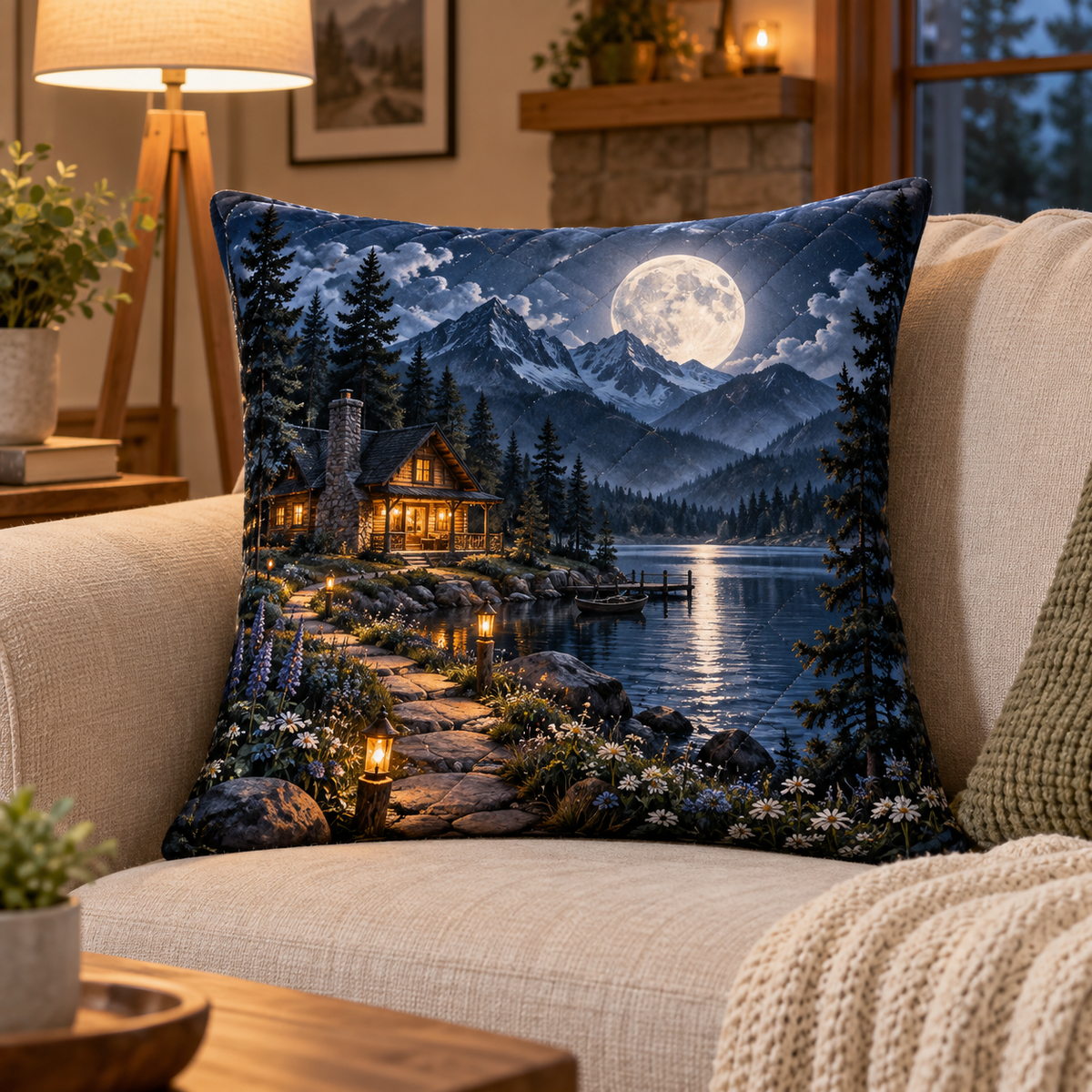 Moonlit Welcome Home Quilted Cushion Cover with printed optical 3D artwork in its use setting