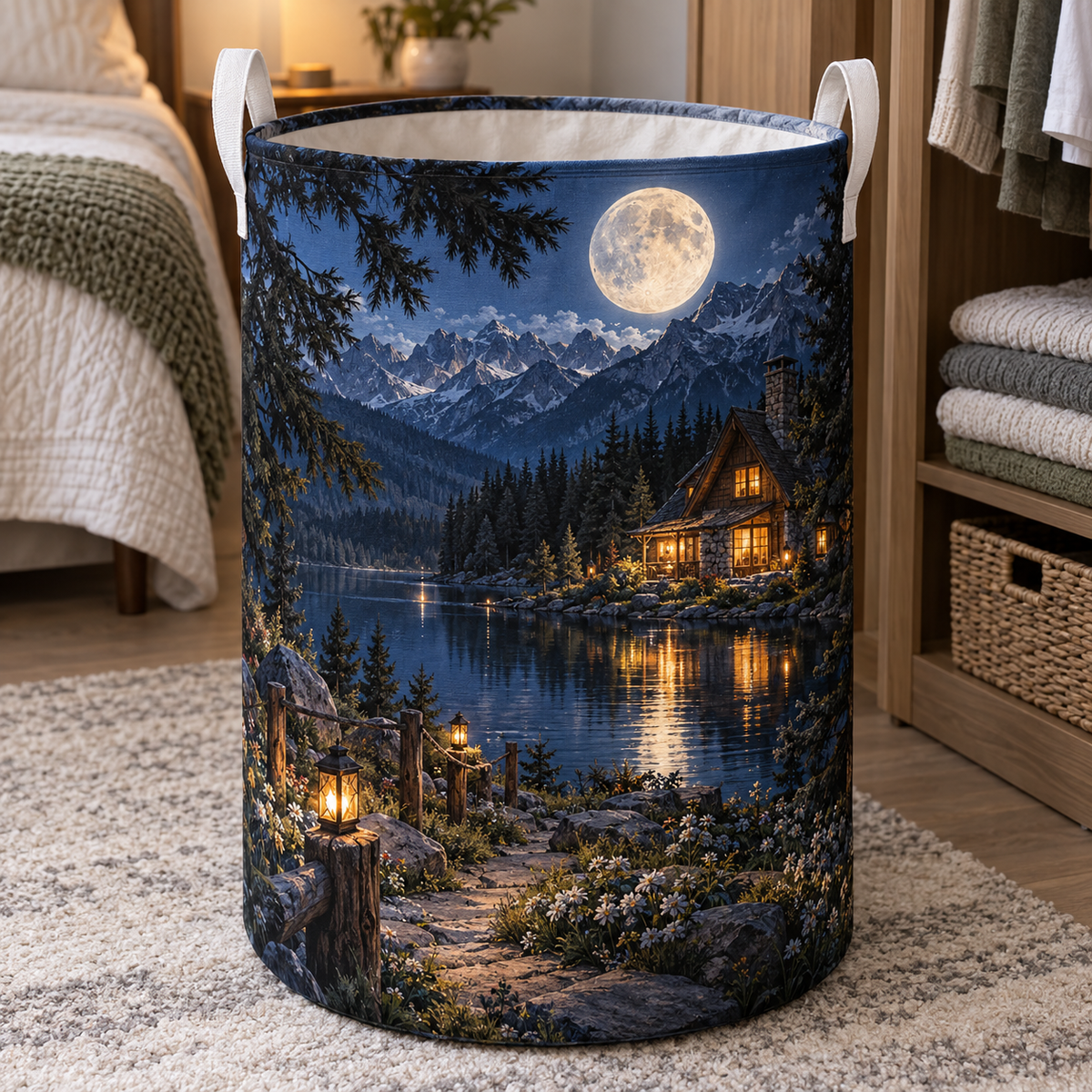 Moonlit Welcome Home Laundry Hamper with printed optical 3D artwork in its use setting