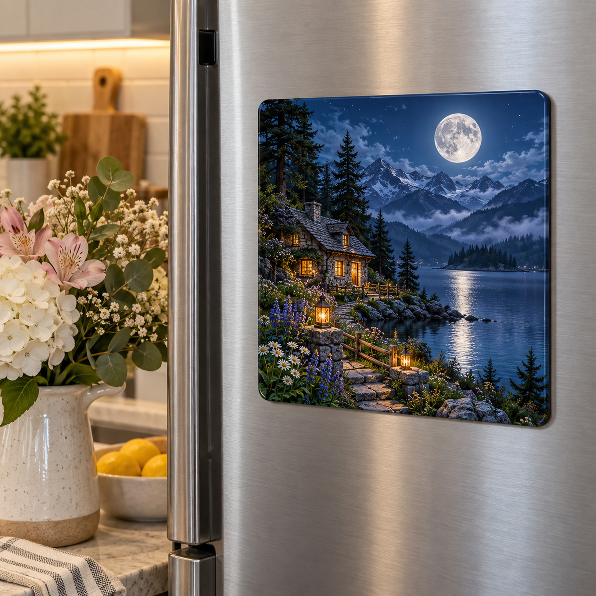 Moonlit Welcome Home Acrylic Refrigerator Magnet with printed optical 3D artwork in its use setting