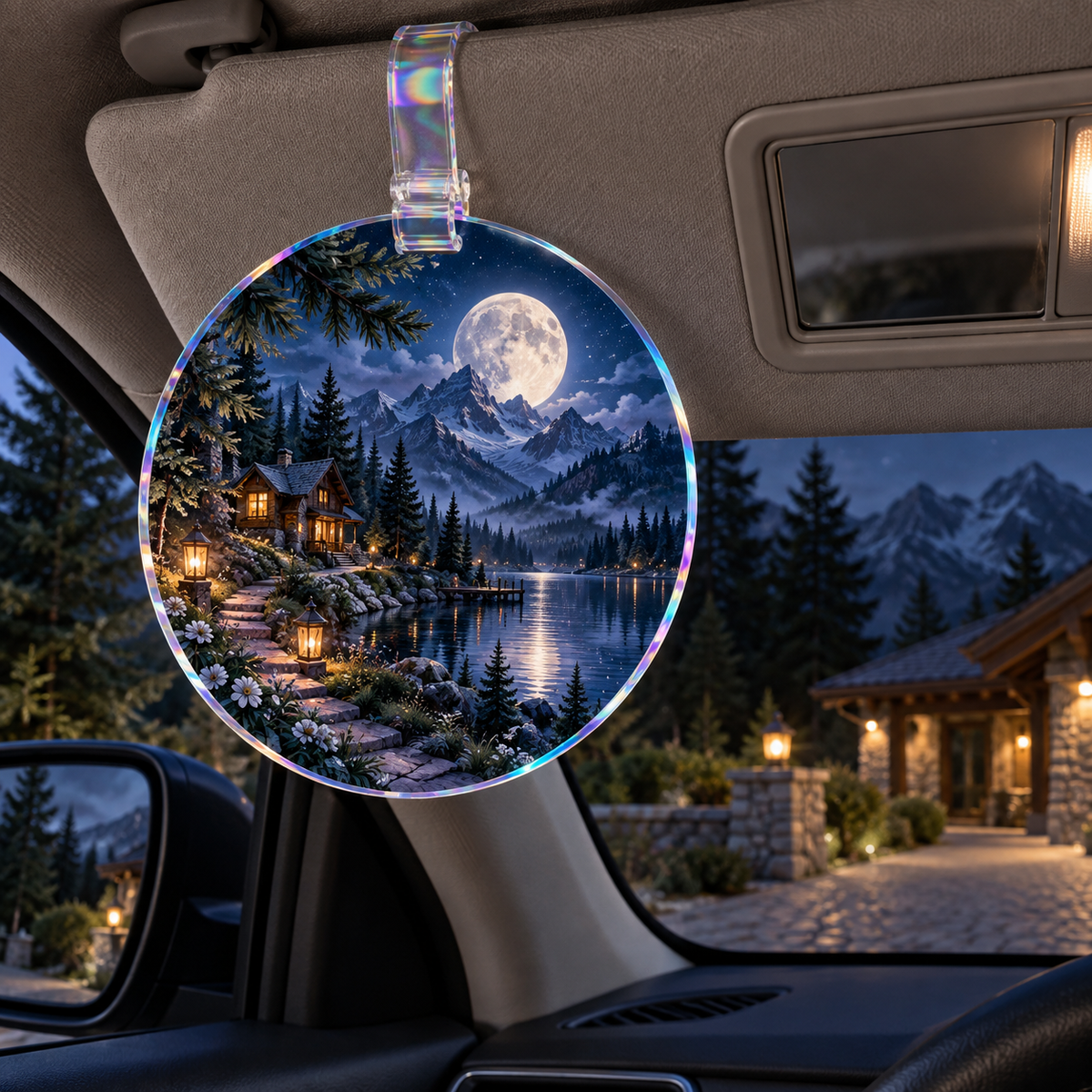 Moonlit Welcome Home Holographic Car Visor Clip with printed optical 3D artwork in its use setting