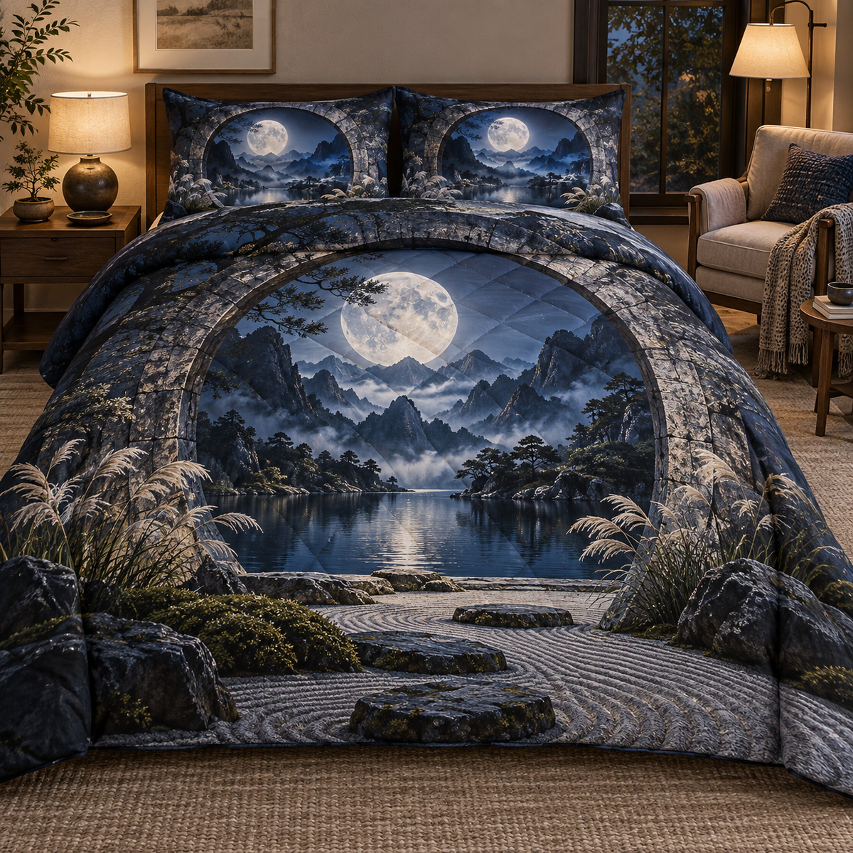 Lunar Reflection Nook Quilted Bedding Set with printed optical 3D artwork in its use setting
