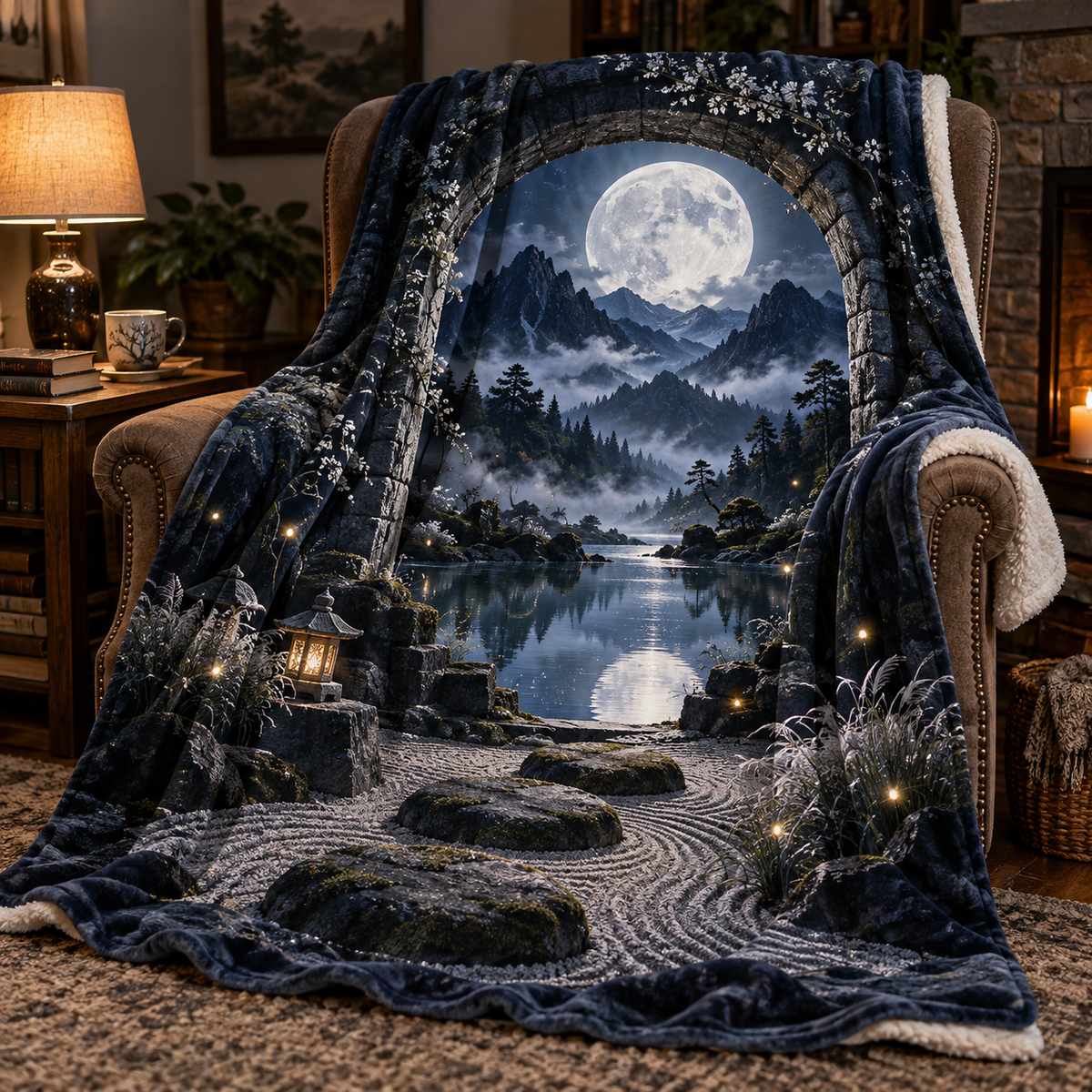 Lunar Reflection Nook Sherpa & Fleece Blanket with printed optical 3D artwork in its use setting