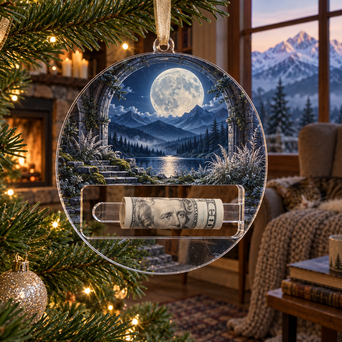 Lunar Reflection Nook Acrylic Cash Holder Ornament with printed optical 3D artwork in its use setting
