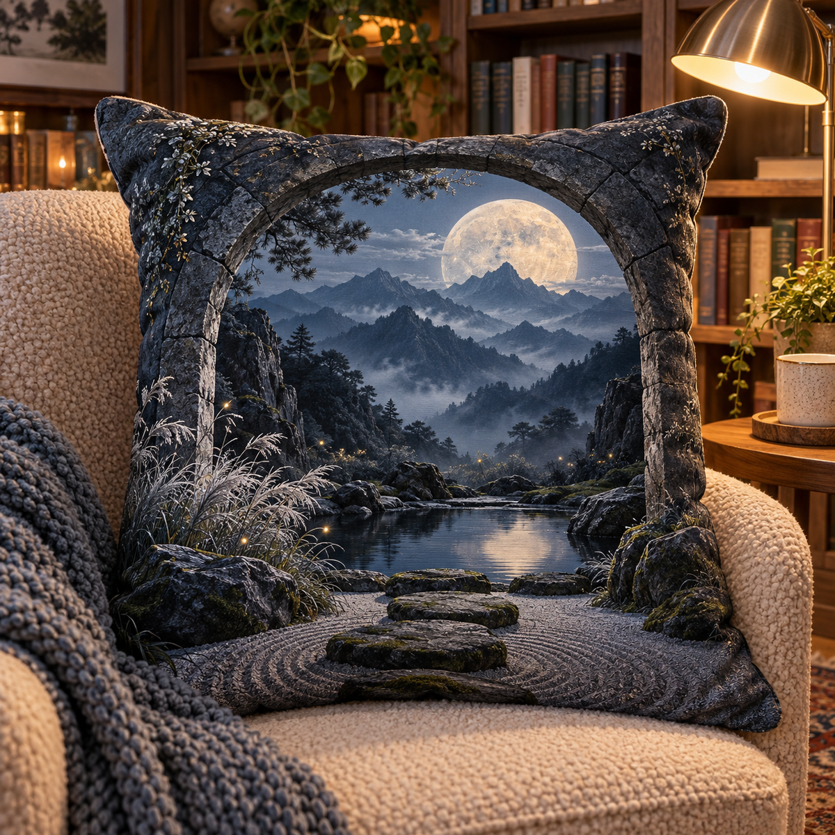Lunar Reflection Nook Quilted Cushion Cover with printed optical 3D artwork in its use setting