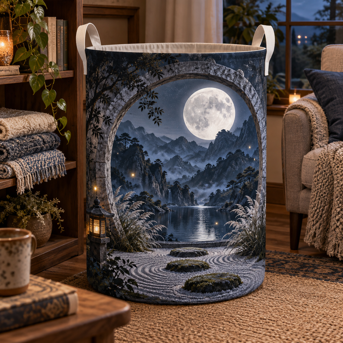 Lunar Reflection Nook Laundry Hamper with printed optical 3D artwork in its use setting