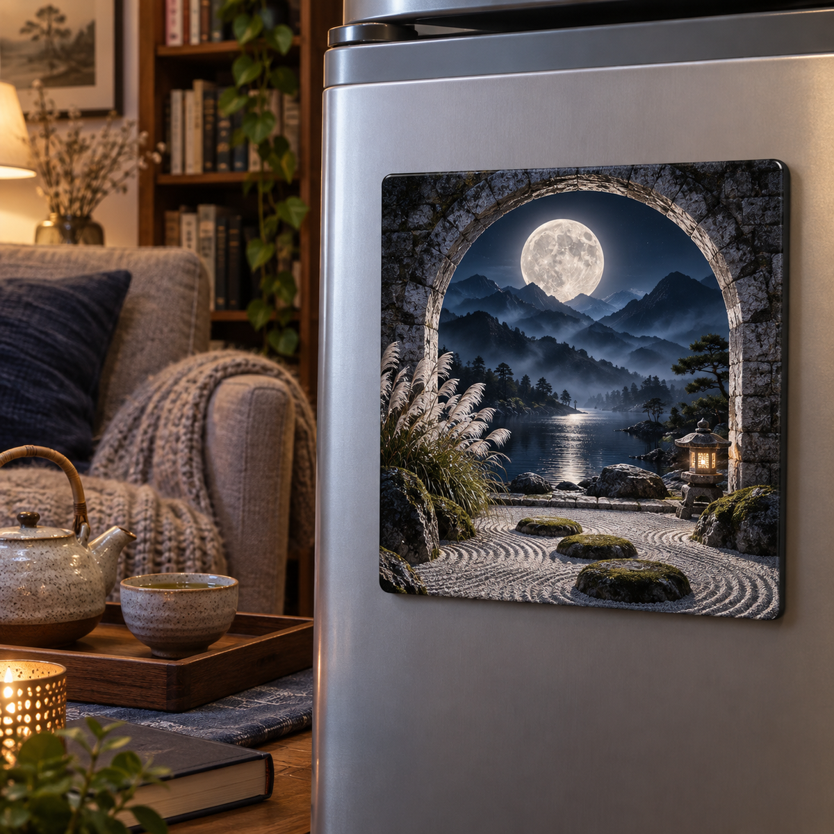 Lunar Reflection Nook Acrylic Refrigerator Magnet with printed optical 3D artwork in its use setting