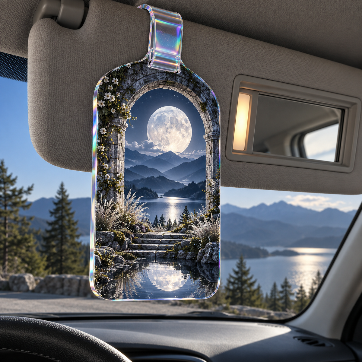 Lunar Reflection Nook Holographic Car Visor Clip with printed optical 3D artwork in its use setting