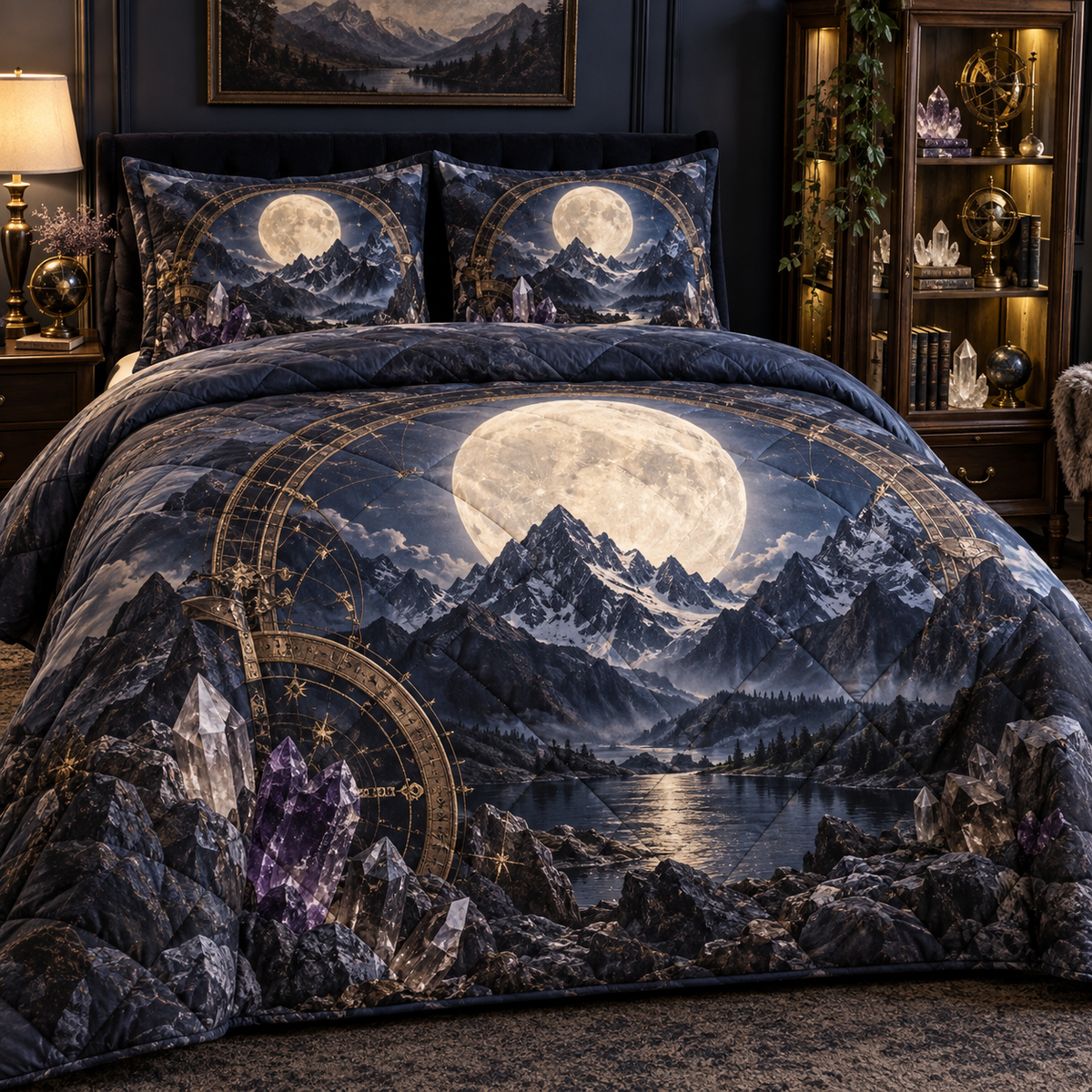 Celestial Summit Archive Quilted Bedding Set with printed optical 3D artwork in its use setting