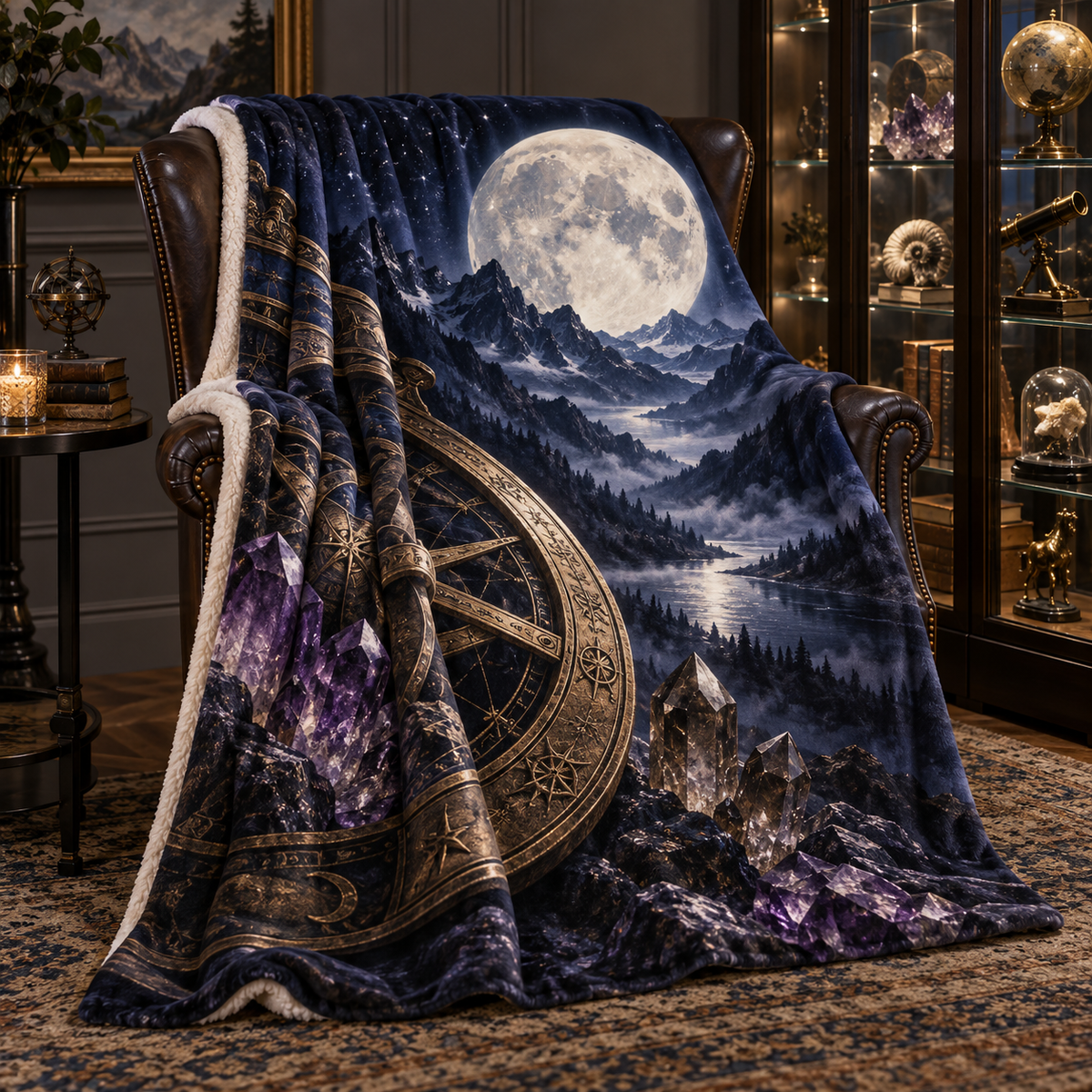 Celestial Summit Archive Sherpa & Fleece Blanket with printed optical 3D artwork in its use setting