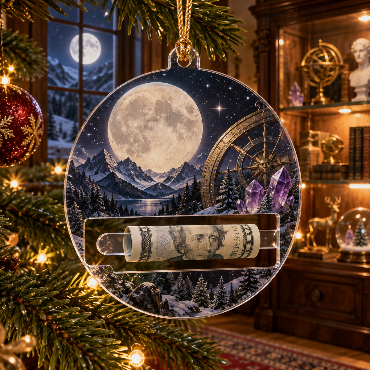 Celestial Summit Archive Acrylic Cash Holder Ornament with printed optical 3D artwork in its use setting