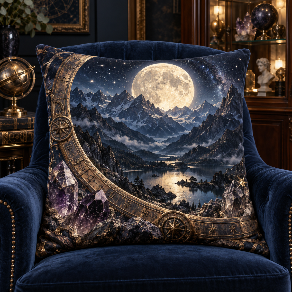 Celestial Summit Archive Quilted Cushion Cover with printed optical 3D artwork in its use setting
