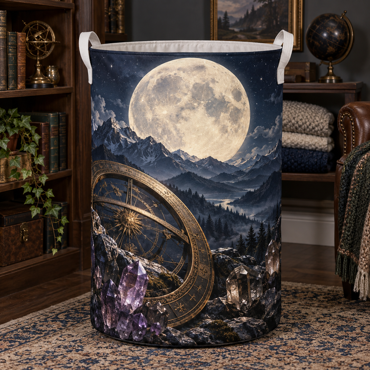 Celestial Summit Archive Laundry Hamper with printed optical 3D artwork in its use setting