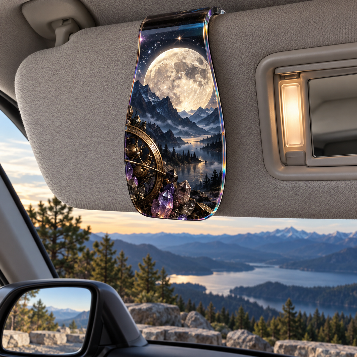 Celestial Summit Archive Holographic Car Visor Clip with printed optical 3D artwork in its use setting