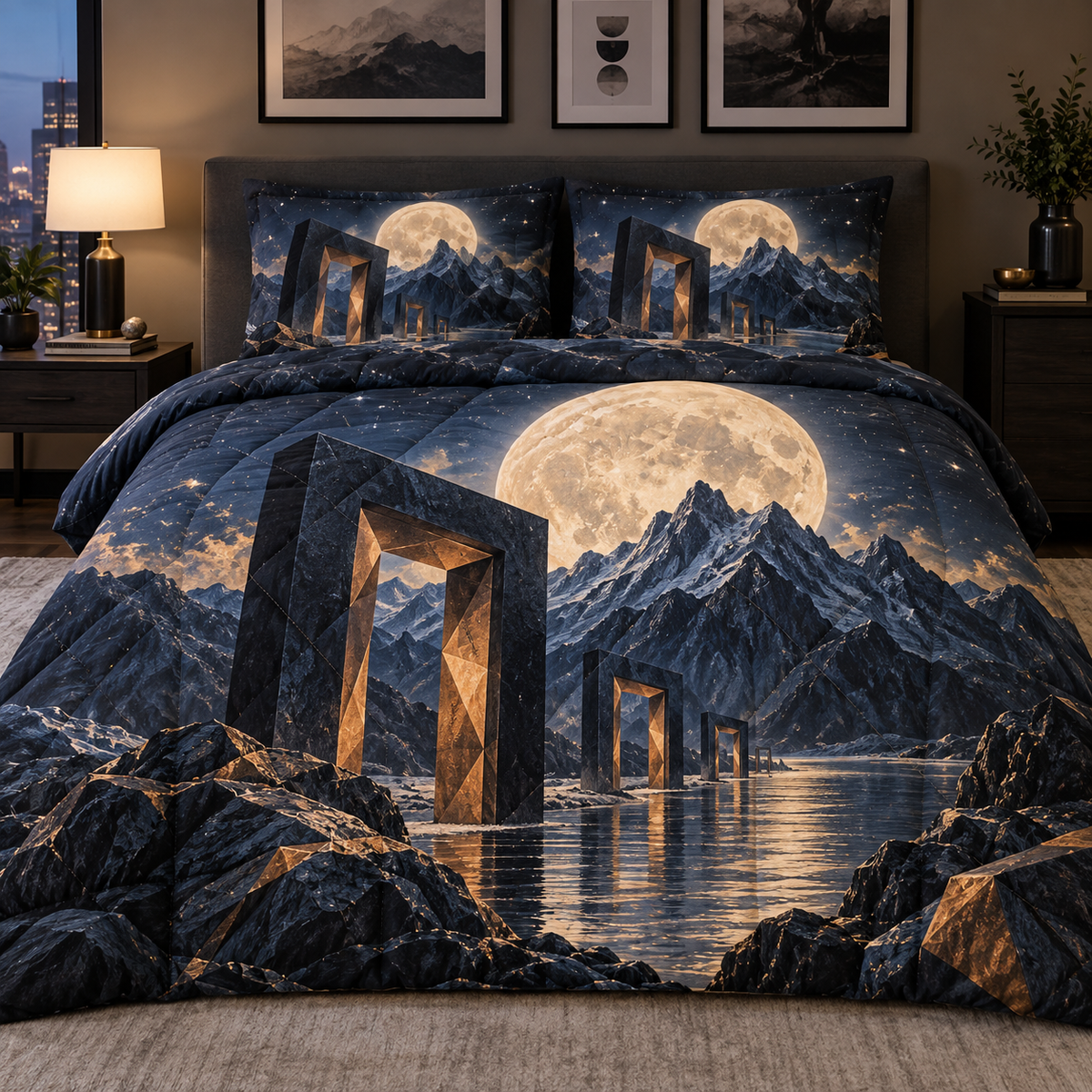 Moonlit Gallery Facets Quilted Bedding Set with printed optical 3D artwork in its use setting