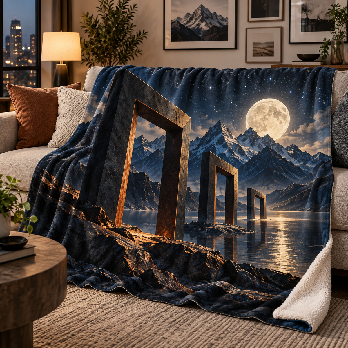 Moonlit Gallery Facets Sherpa & Fleece Blanket with printed optical 3D artwork in its use setting