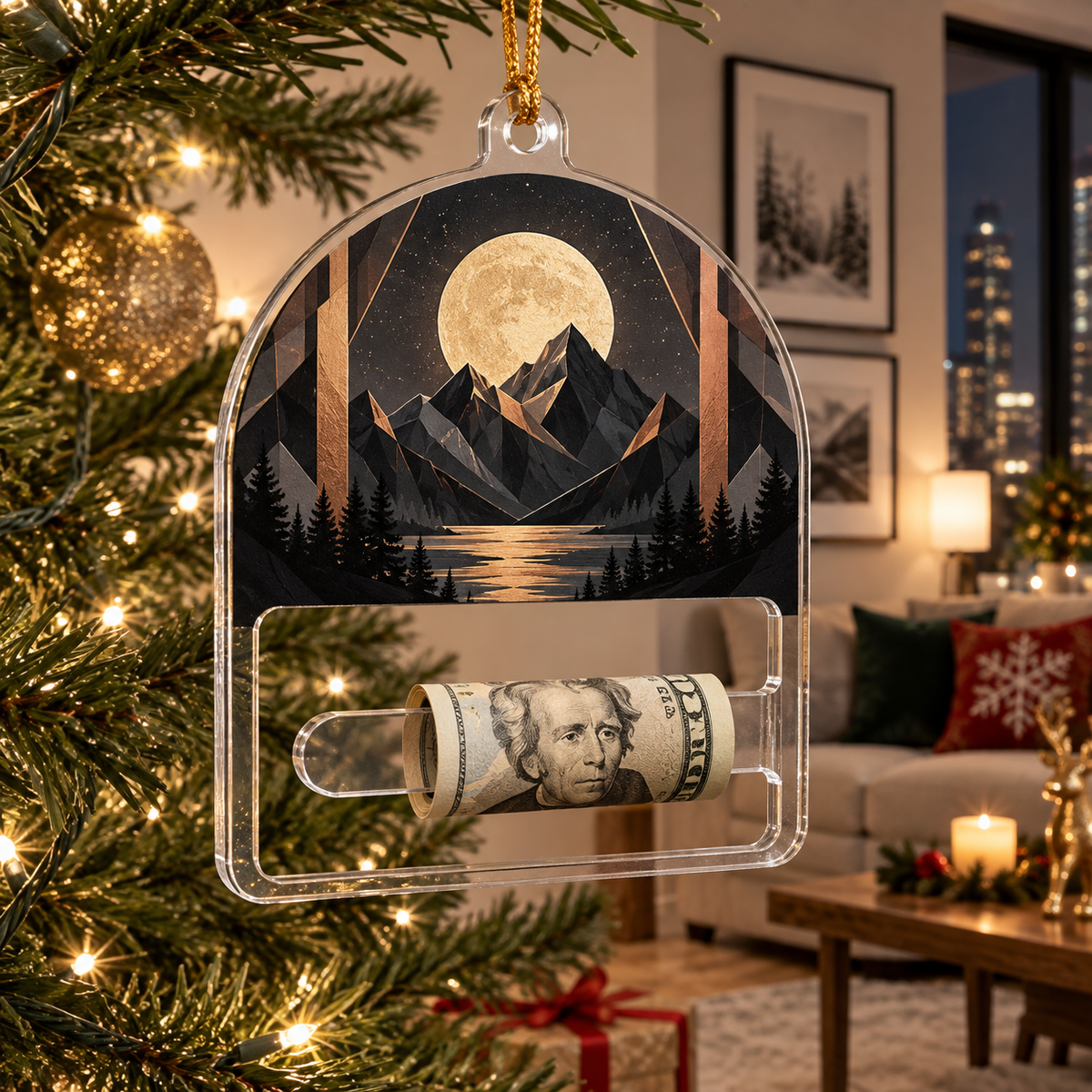 Moonlit Gallery Facets Acrylic Cash Holder Ornament with printed optical 3D artwork in its use setting