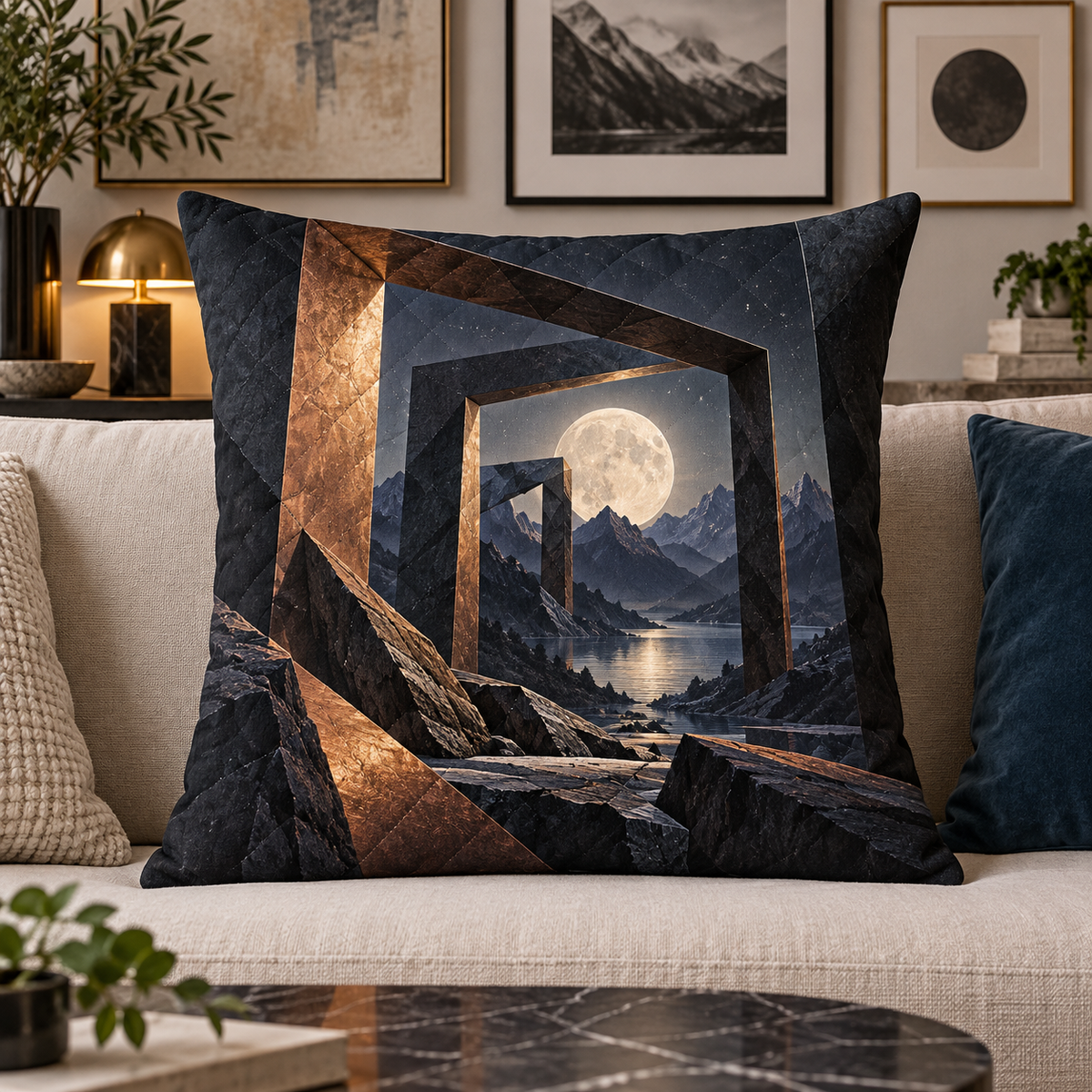 Moonlit Gallery Facets Quilted Cushion Cover with printed optical 3D artwork in its use setting