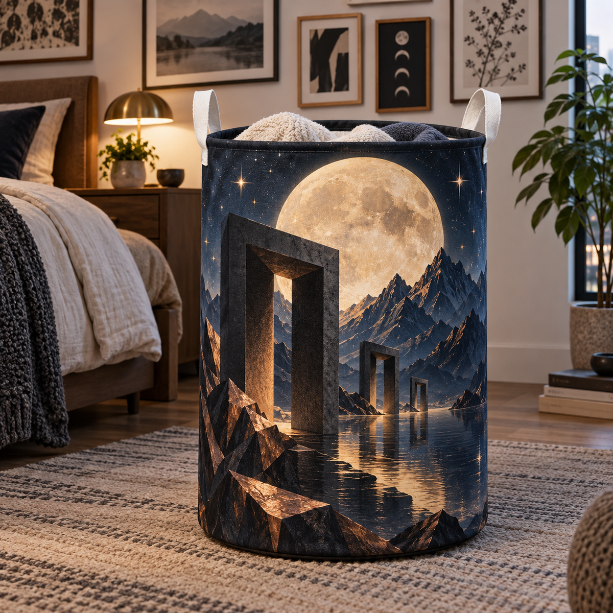 Moonlit Gallery Facets Laundry Hamper with printed optical 3D artwork in its use setting