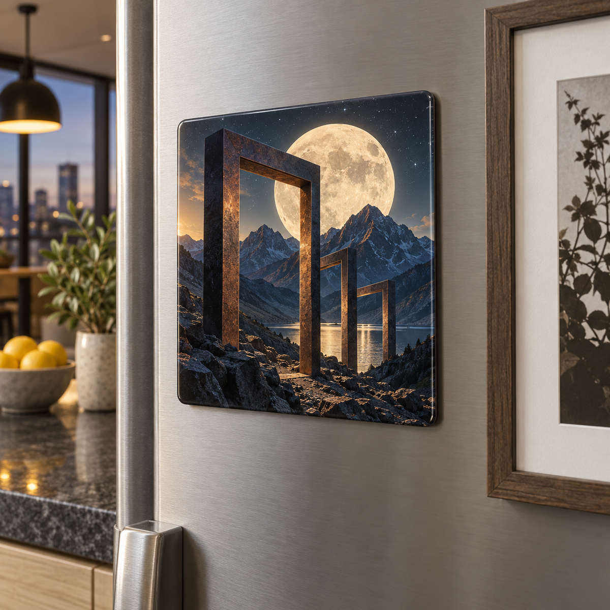 Moonlit Gallery Facets Acrylic Refrigerator Magnet with printed optical 3D artwork in its use setting