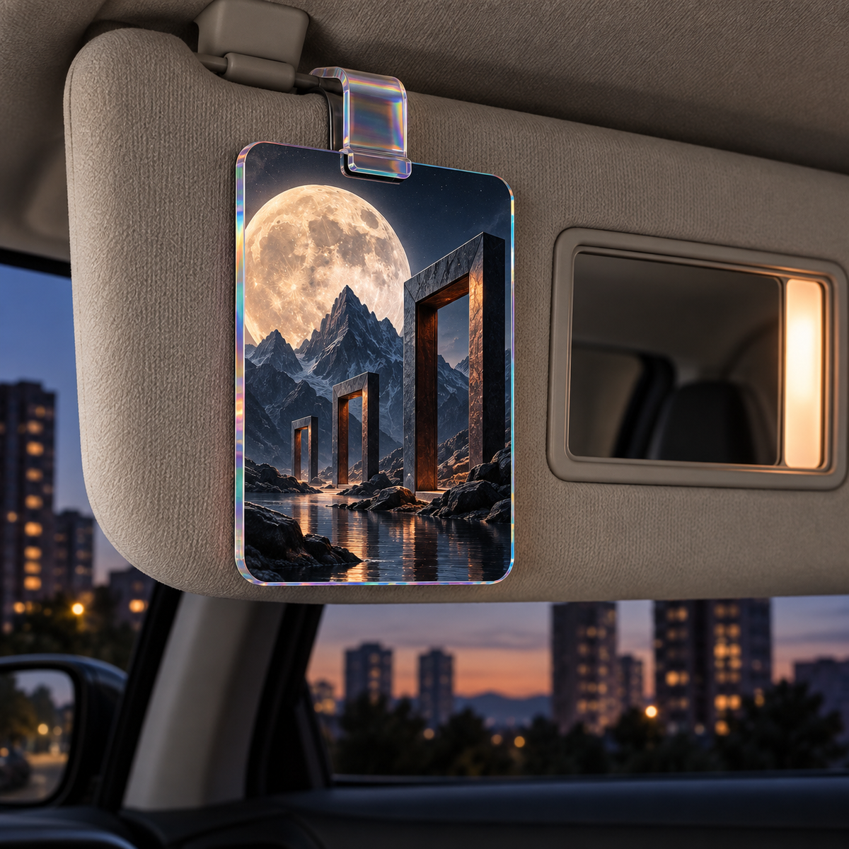 Moonlit Gallery Facets Holographic Car Visor Clip with printed optical 3D artwork in its use setting
