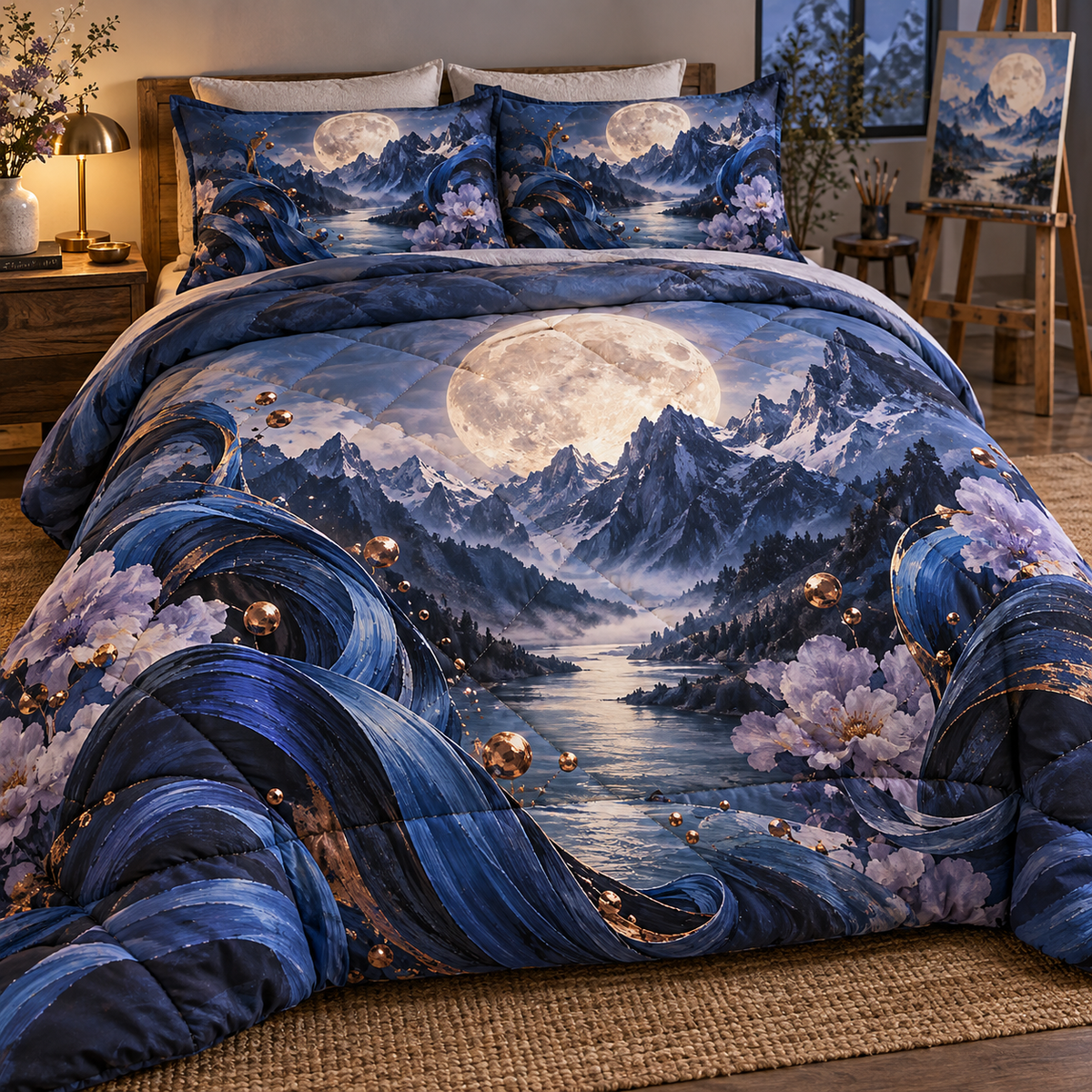 Lunar Atelier Peaks Quilted Bedding Set with printed optical 3D artwork in its use setting