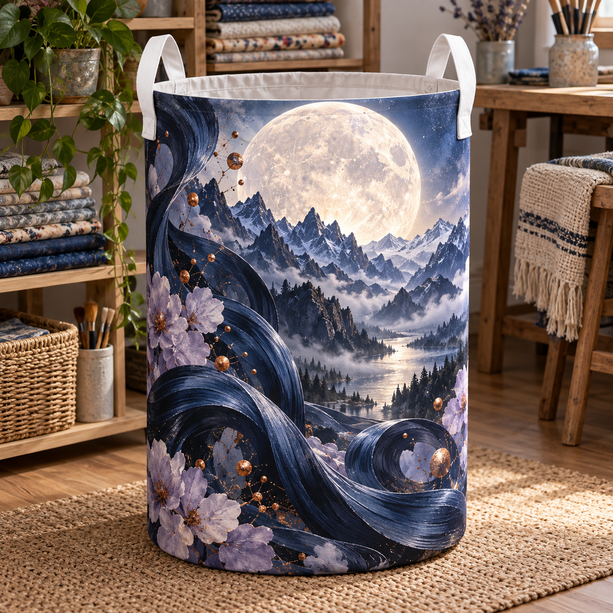 Lunar Atelier Peaks Laundry Hamper with printed optical 3D artwork in its use setting