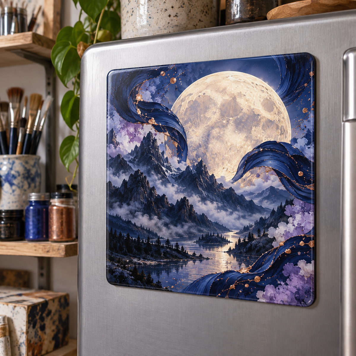 Lunar Atelier Peaks Acrylic Refrigerator Magnet with printed optical 3D artwork in its use setting