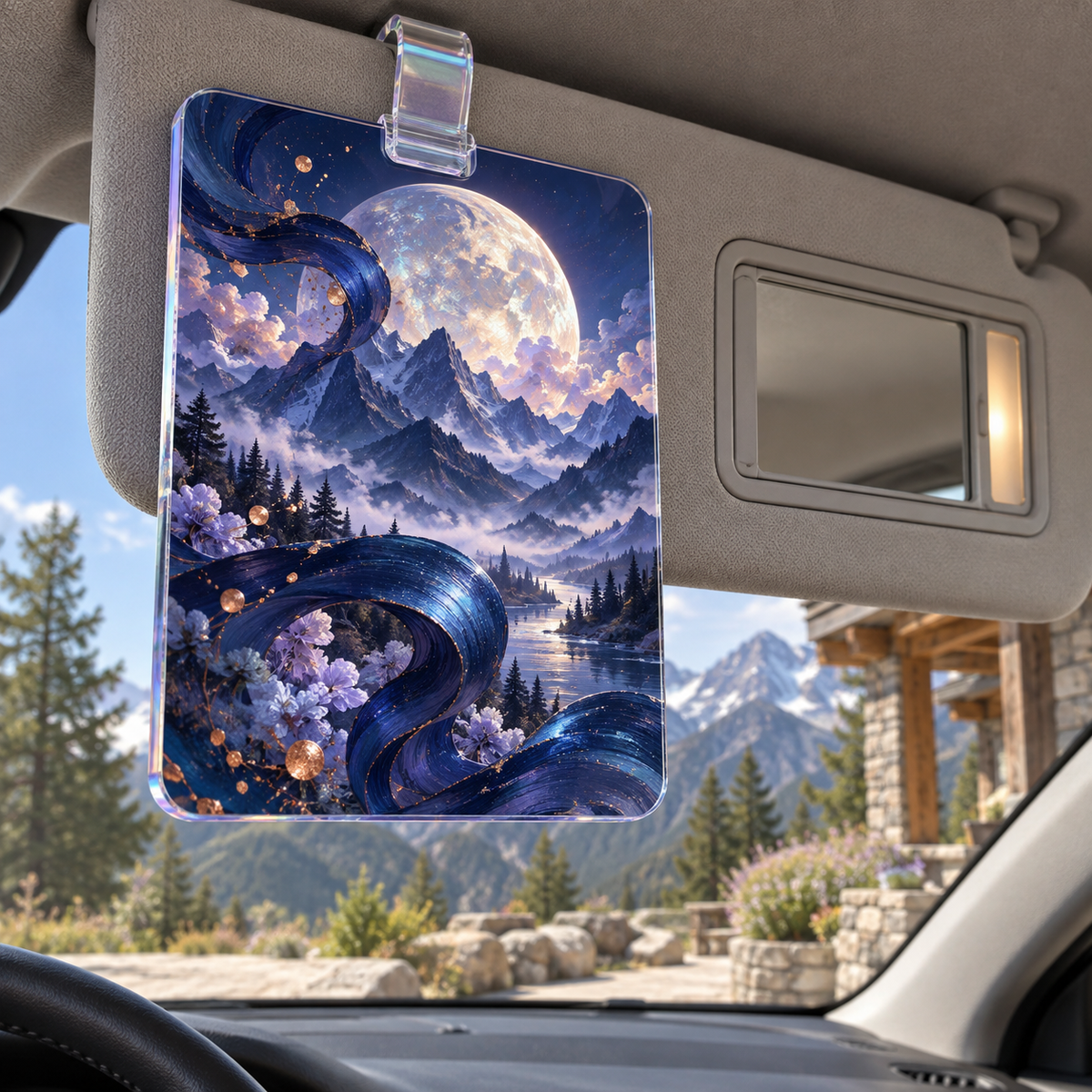Lunar Atelier Peaks Holographic Car Visor Clip with printed optical 3D artwork in its use setting