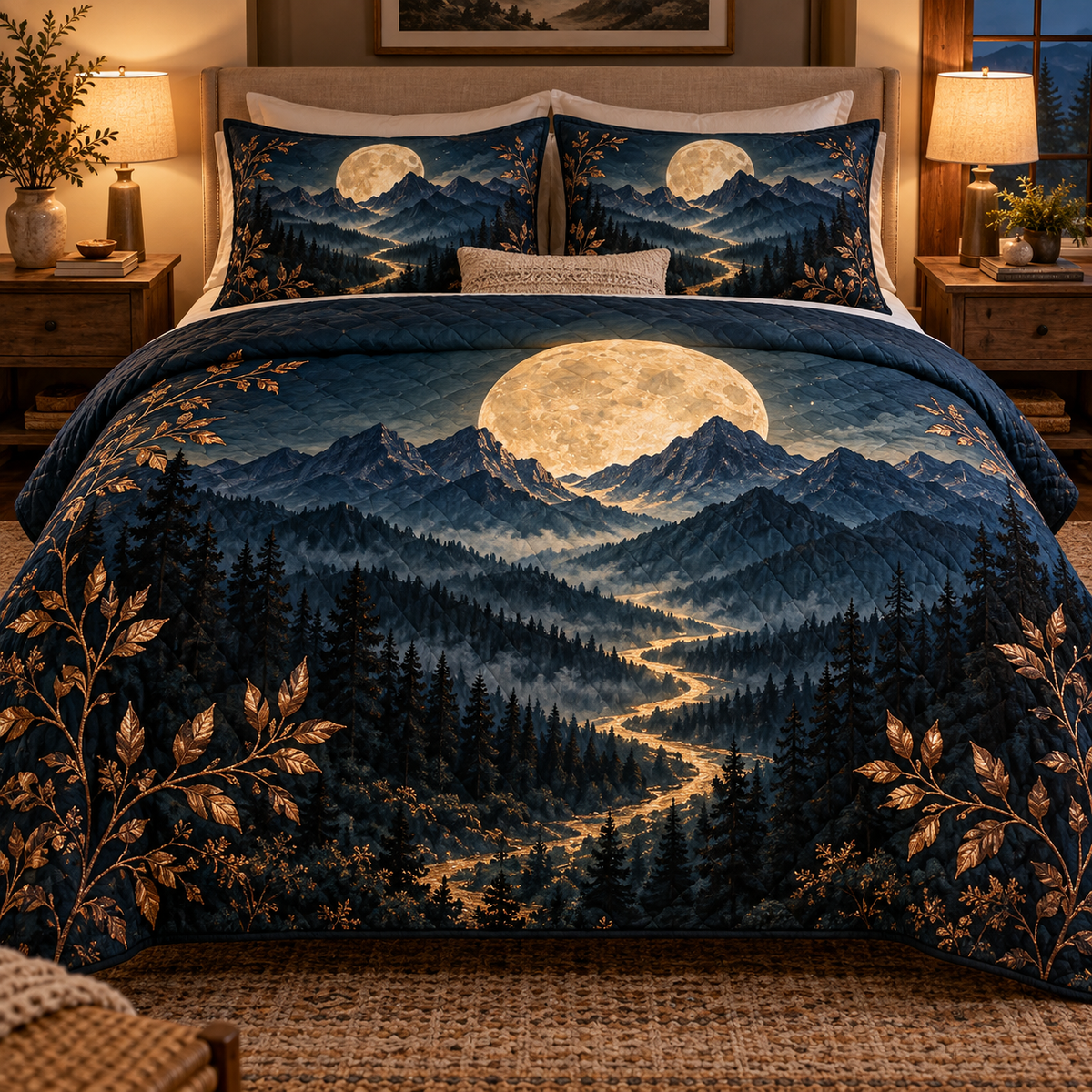 Moonlit Summit Gratitude Quilted Bedding Set with printed optical 3D artwork in its use setting