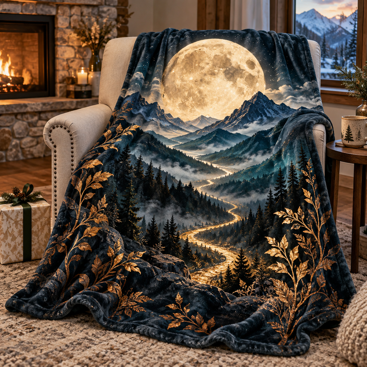 Moonlit Summit Gratitude Sherpa & Fleece Blanket with printed optical 3D artwork in its use setting