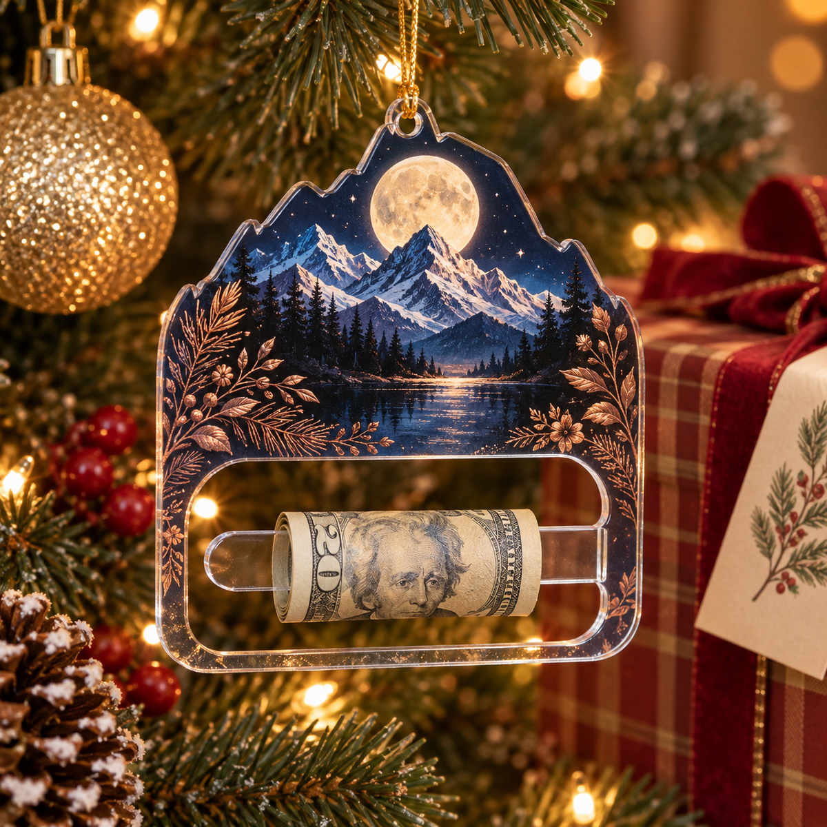 Moonlit Summit Gratitude Acrylic Cash Holder Ornament with printed optical 3D artwork in its use setting