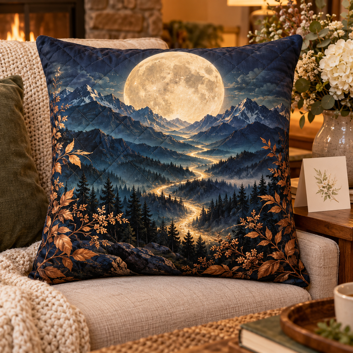 Moonlit Summit Gratitude Quilted Cushion Cover with printed optical 3D artwork in its use setting
