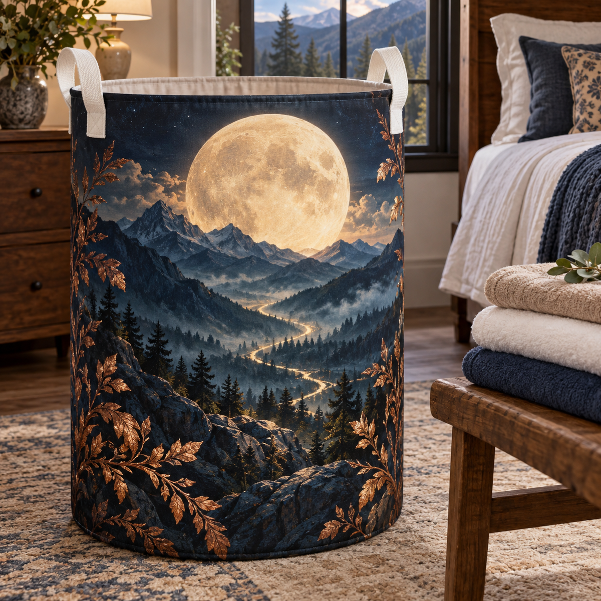 Moonlit Summit Gratitude Laundry Hamper with printed optical 3D artwork in its use setting