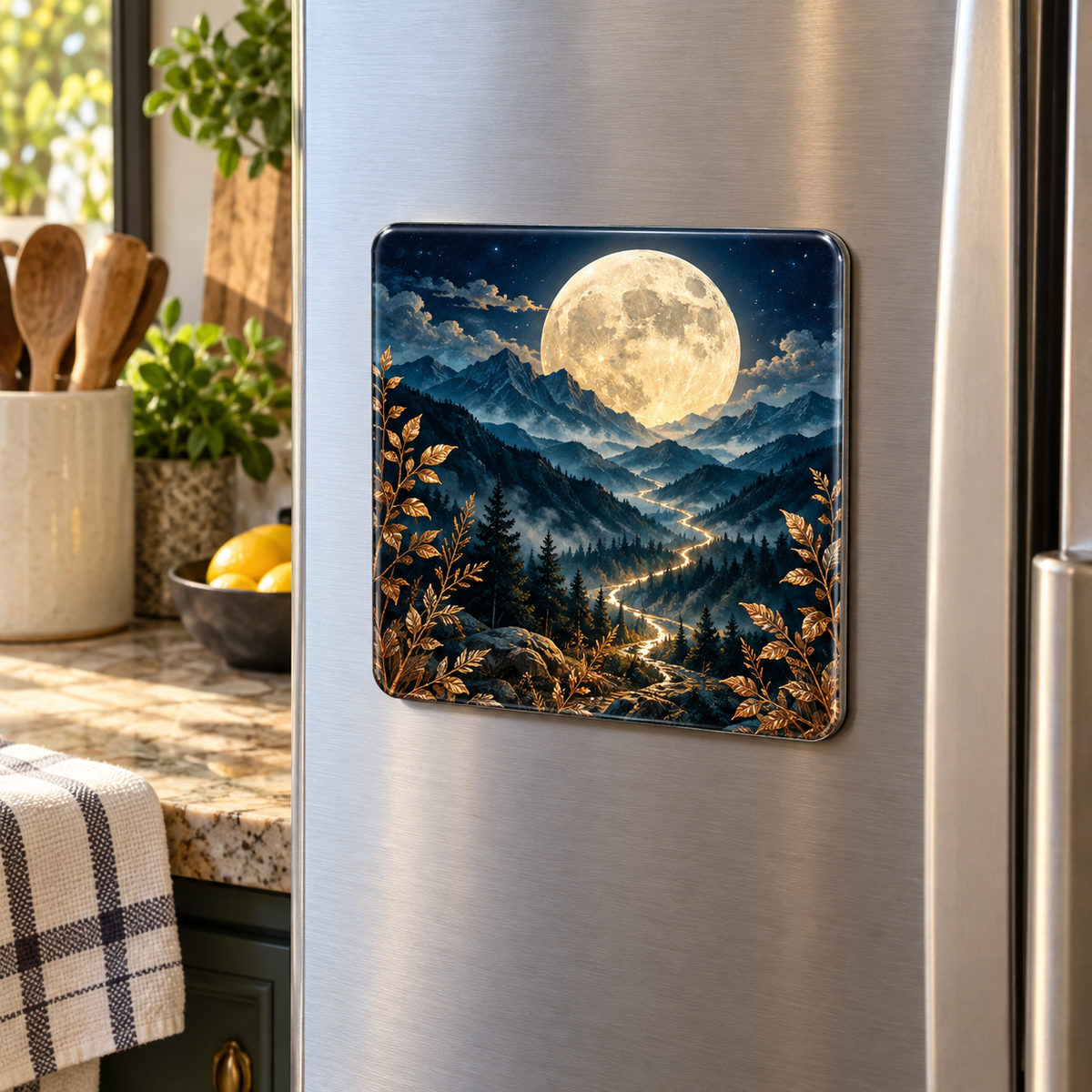 Moonlit Summit Gratitude Acrylic Refrigerator Magnet with printed optical 3D artwork in its use setting